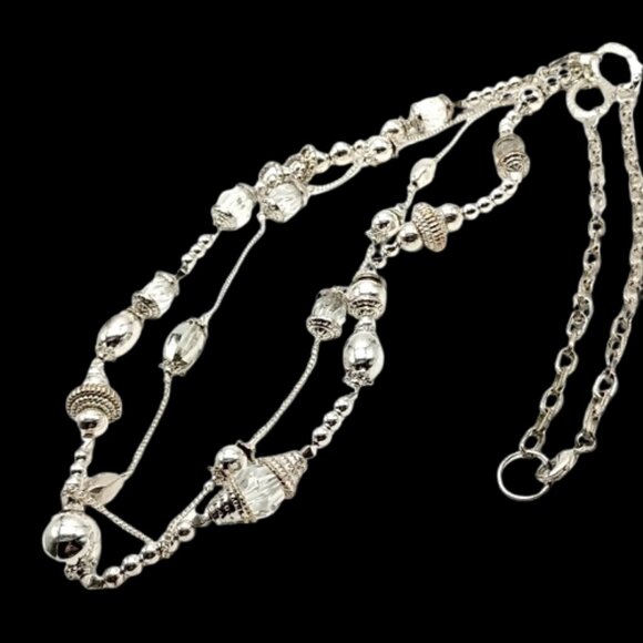 Silver-Tone Double-Strand Beaded Long Chain Necklace 38" - Boho Statement - Picture 3 of 16